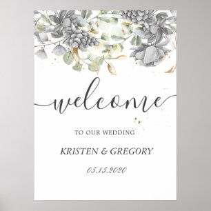 Poster dramático prata dourado floral Casamento Bem-vind