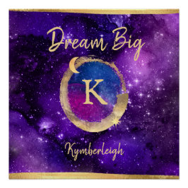 Pôster Dream Big Watercolor Galaxy Monograma Dourado