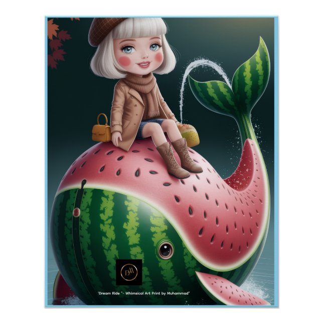 Pôster Dream Ride – Cute Girl on Watermelon Whale Fantasy (Frente)