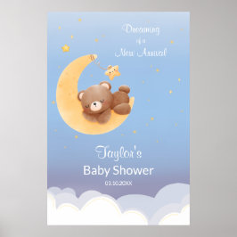 Poster Dreaming Teddy Bear Moon Soft Blue Baby Shower