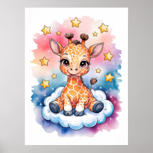 Poster Dreamy Baby Giraffe em uma Nuvem - Aquarela (Frente)
