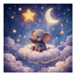 Pôster Dreamy elephant and midnight stars square semi Gla