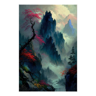 Pôster Dreamy Misty Mountain Landscape Poster brilhante