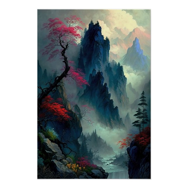 Pôster Dreamy Misty Mountain Landscape Poster brilhante (Frente)