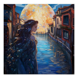 Pôster Dreamy Moonlit Canal – Glossy Art Poster