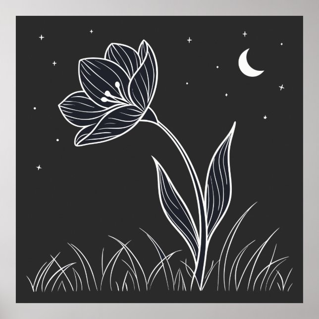 Poster Dreamy Moonlit Flower Line Art com estrelas (Frente)
