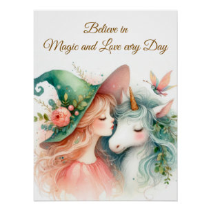 Pôster Dreamy Nursery Art Witch Unicorn Watercolor