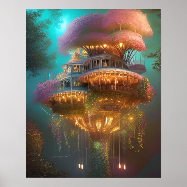 Poster Dreamy Pink Treehouse Arte Digital (Frente)