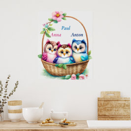Poster Drei Eulen im Korb - Kindermotiv