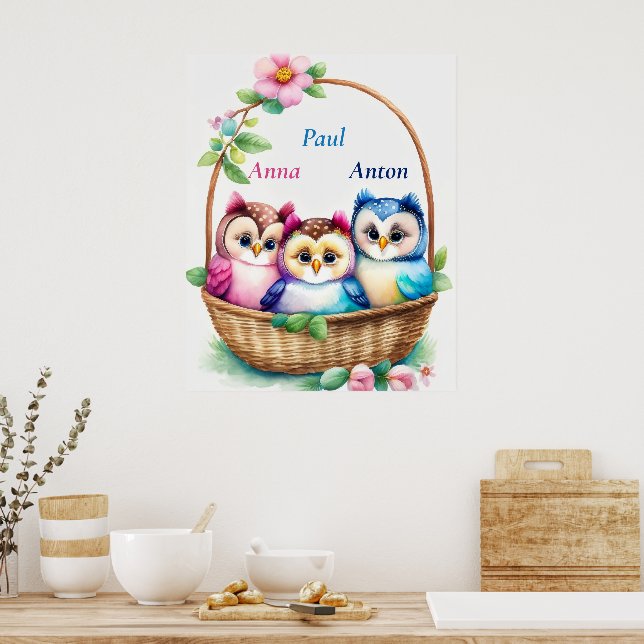 Poster Drei Eulen im Korb - Kindermotiv (Cozinha)