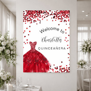 Poster Dress de glitter vermelho branco Quinceanera boas-