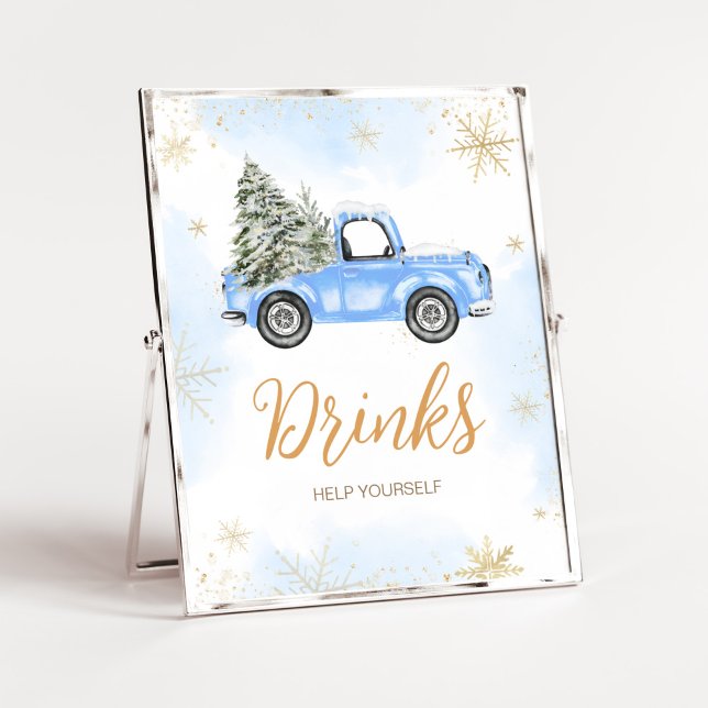 Poster Drinks Azuis de Inverno (Blue Baby It's Cold Outside Baby Shower Drinks Sign)