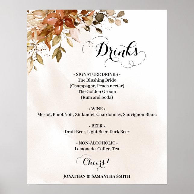 Poster Drinks Menu sign Fall Autumn Wedding Eucalyptus (Frente)