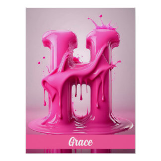 Pôster Dripping Pink Letter H - Customizable Name Poster 