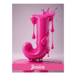 Pôster Dripping Pink Letter J - Customizable Name Poster 
