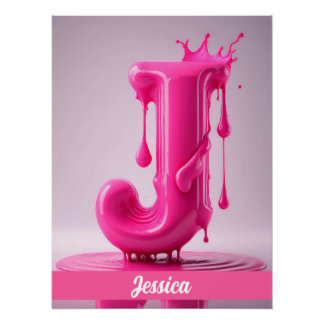 Pôster Dripping Pink Letter J - Customizable Name Poster