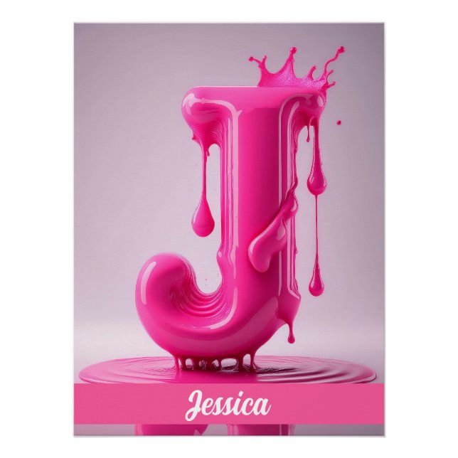 Pôster Dripping Pink Letter J - Customizable Name Poster  (Frente)