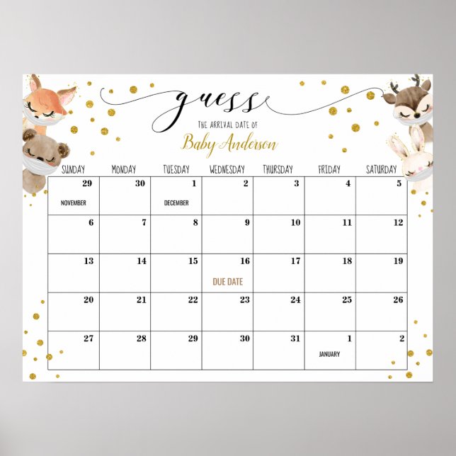 Poster Drive-by Baby Shower Guess Due Date Calendar (Frente)
