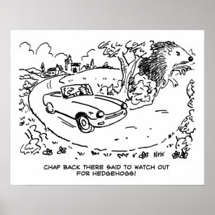 Poster Driving Sports Car in Countryside with Hedgehog