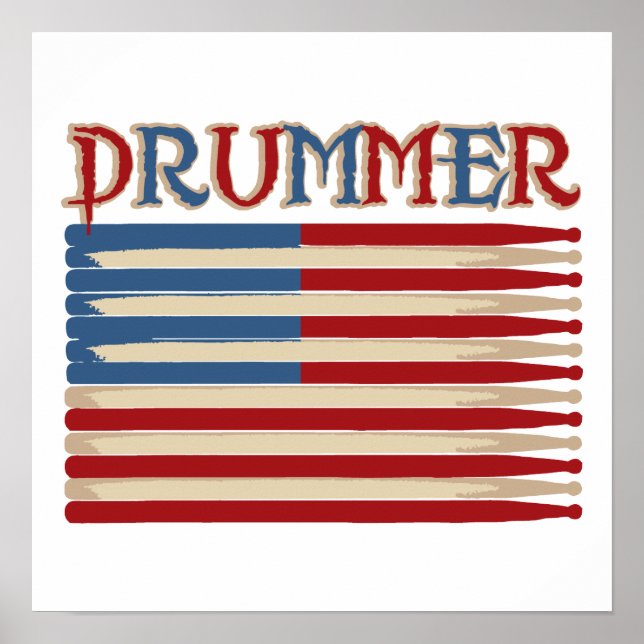 Poster Drum Stick USA Flag Drummer Camisetas e presentes (Frente)