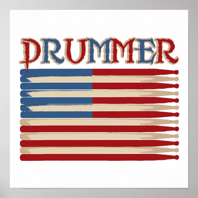 Pôster Drum Stick USA Flag Drummer Camisetas e presentes (Frente)