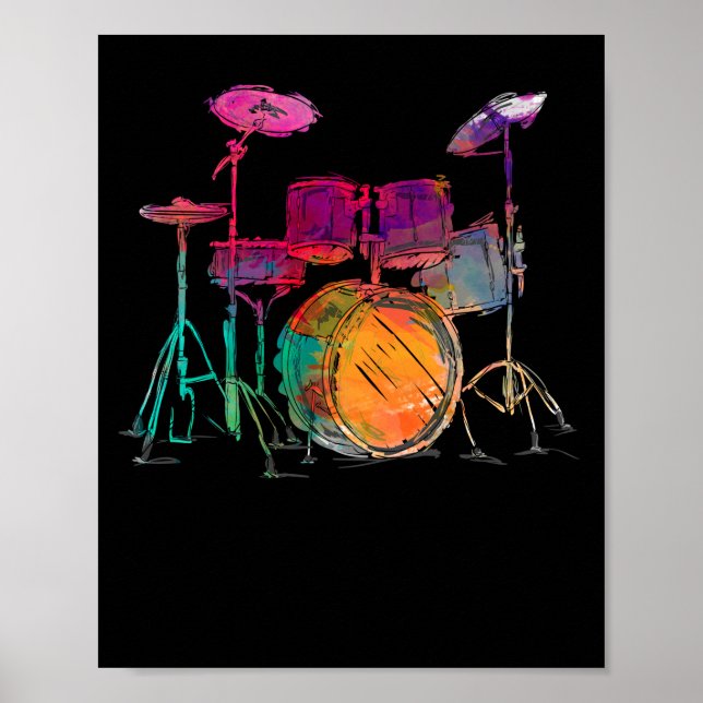 Poster Drummer Conjunto do Drum do Estilo de Cor da Água (Frente)