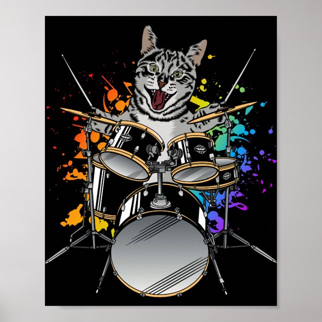 Poster Drummer Gato Tocando Tambores (Frente)