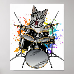 Poster Drummer Gato Tocando Tambores