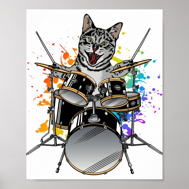 Poster Drummer Gato Tocando Tambores (Frente)