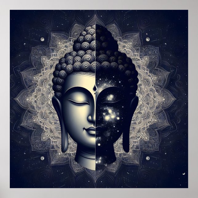 Poster Dual Nature Buddha Mandala - Cosmic Zen Enlighten (Frente)
