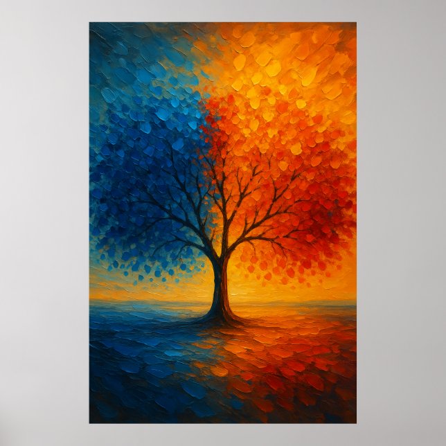 Poster Dual Seasons Tree — Vibrant Blue & Orange Art (Frente)