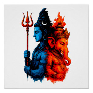 Pôster Dualidade Divina: Camiseta Azul Shiva & Ganesha