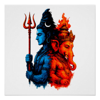 Pôster Dualidade Divina: Camiseta Azul Shiva & Ganesha