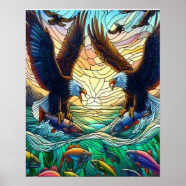 Poster Duas Águia Bald Capturando Peixes Sobre A Água 16x