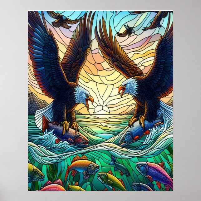 Poster Duas Águia Bald Capturando Peixes Sobre A Água 16x (Frente)