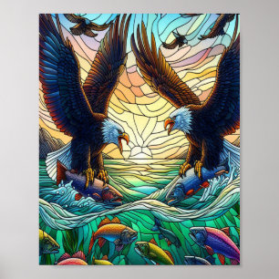 Poster Duas Águias-Válidas pescando peixes sobre a água 8
