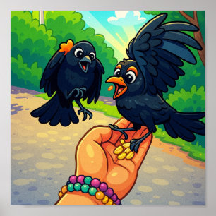 Poster Duas aves negras alimentadas com cartoons manuais