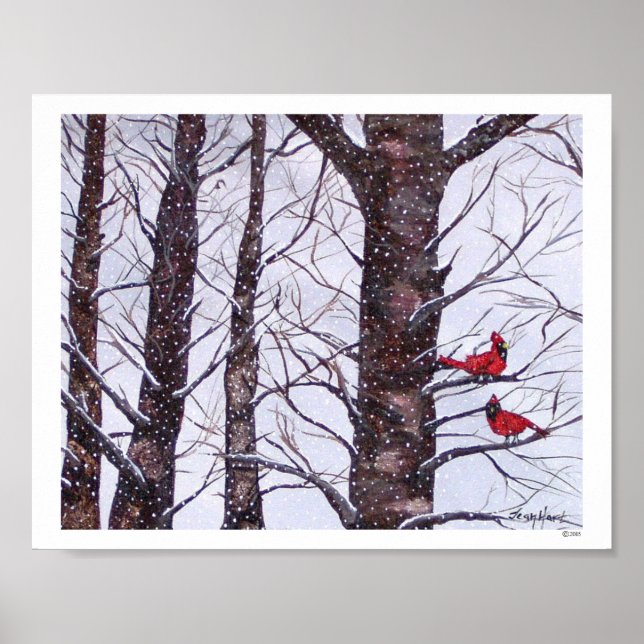 Pôster Duas Aves Vermelhas No Inverno (Frente)