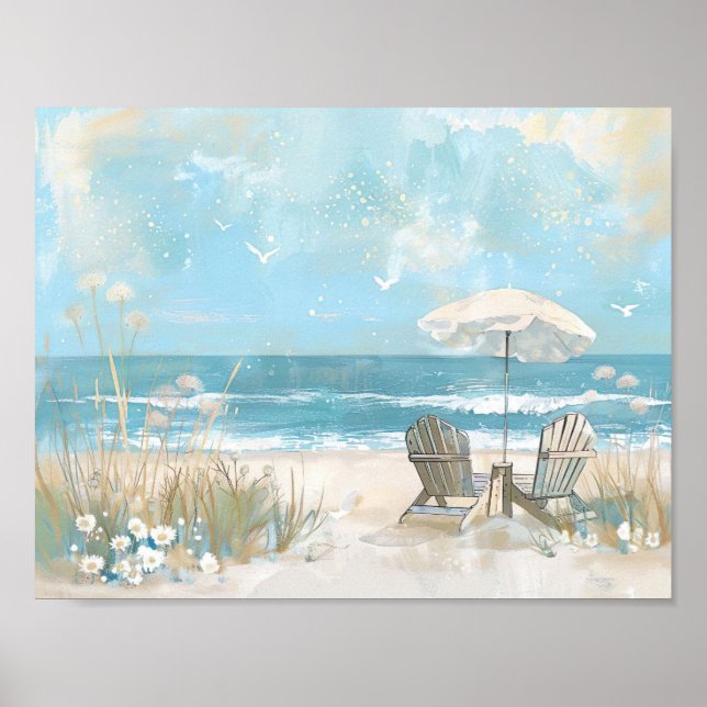 Poster duas cadeiras de madeira e um parasol numa praia (Frente)