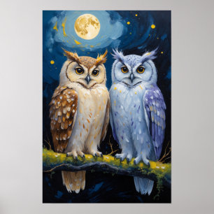 Poster Duas Corujas Sob a Noite ao Luar Pintura de Vida S