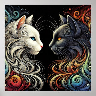 Poster Duas faces de gato contrastantes com redemoinhos v