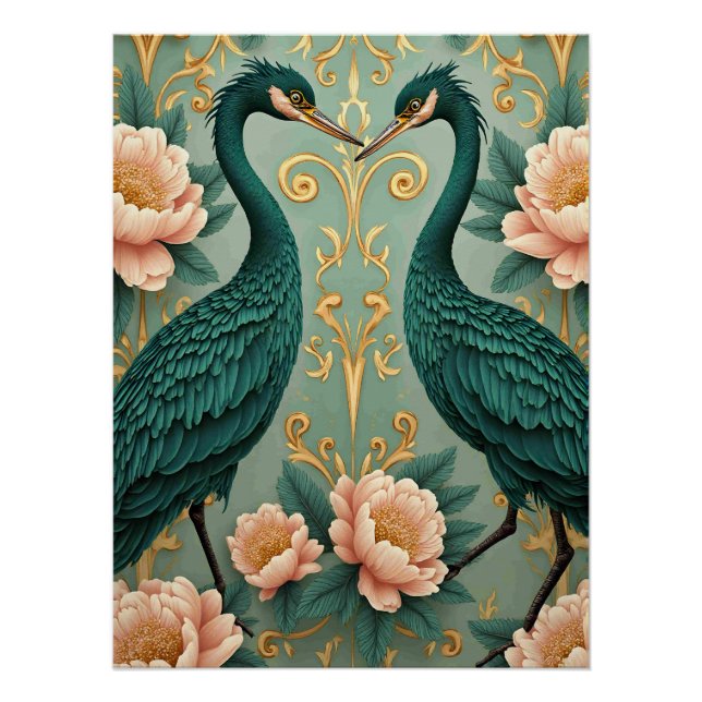 Pôster duas garças verdes elegantes (Frente)