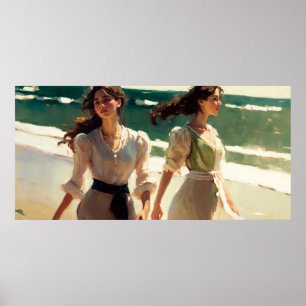 Poster Duas Meninas Andando pela costa num dia ensolarado