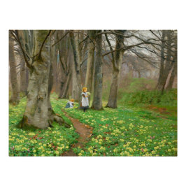 Pôster Duas meninas colhendo flores na floresta de primav