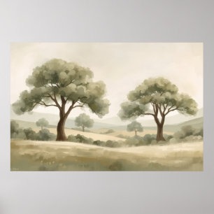 Poster Duas Oliveiras Paisagem Rural Ondulada Aquarela