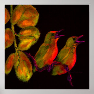 Pôster duas pequenas aves - laranja e amarelo