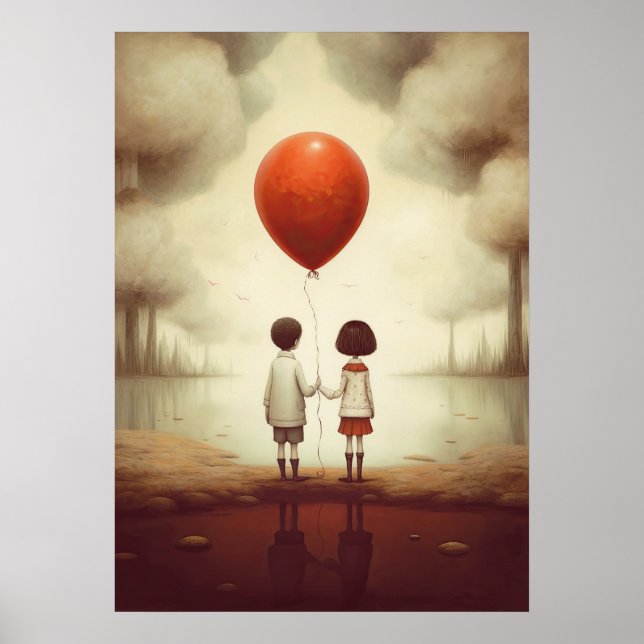 Poster Duas pessoas de mãos dadas com um balão vermelho (Frente)