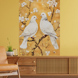 Poster duas pombas brancas empoleiradas num galho