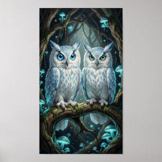 Poster Duas sábias corujas azuis brancas ancestrais