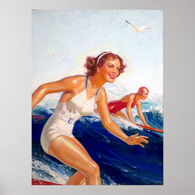 Poster Duas Surfer Girls por William Fulton Soare (Frente)